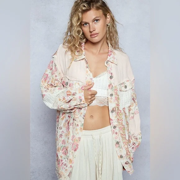 POL “ Wildflower Quilt “ Patchwork Button Down Shacket | Crimson Multi - Picture 2 of 5